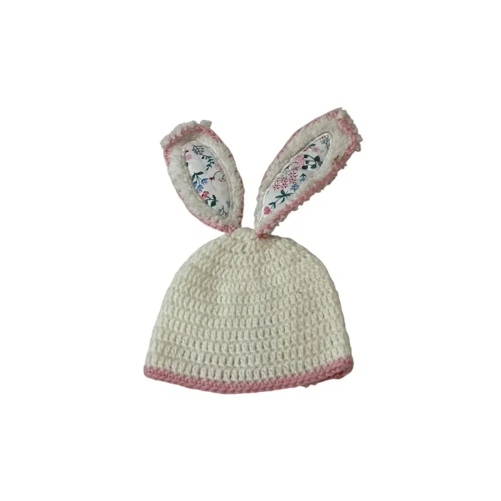 So Dorable Hand Crocheted Baby Infant Hat 0-6M White Pink Bunny Ears Tail